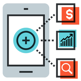 Illustration of a smartphone with a plus sign on the screen, connected by dotted lines to icons representing money, growth chart, and magnifying glass, highlighting finance or business app features—perfect for showcasing GMB optimization services.