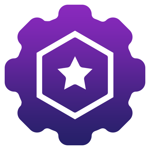 A purple gear-shaped icon with a white hexagon and star in the center, symbolizing achievement, quality, or a special business automation feature.