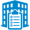 Blue icon of a multi-story building with a clipboard featuring a checklist in front of it, symbolizing inspection, audit, or evaluation of the building or organization—a perfect representation for real estate marketing strategies aimed at streamlined assessments and improved real estate lead generation.