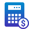 Icon of a blue calculator with a dollar sign symbol in a circle overlapping its bottom right corner, representing financial calculations, budgeting, or merchant services like credit card processing.