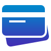 A stylized icon of two overlapping credit cards—blue on top, purple beneath—features a white horizontal stripe, symbolizing modern online payment systems and secure merchant services.