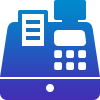 A blue and purple-gradient icon of a cash register with a receipt and keypad, representing a point-of-sale or checkout system for online payment systems and credit card processing.