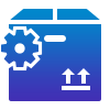 Blue and purple gradient icon of a cardboard box with a gear on the left side, symbolizing merchant services, with a horizontal slot on the front and two upward arrows indicating this side up on the lower right.