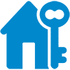 Blue icon of a house with a large key positioned beside it, suggesting themes of real estate, home ownership, or security—ideal for illustrating Real Estate Marketing strategies or effective Real Estate Lead Generation.