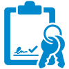 Blue icon showing a clipboard with a signature and a checkmark, overlaid by two keys on a keyring—perfectly symbolizing effective Real Estate Marketing Strategies and successful Real Estate Lead Generation.