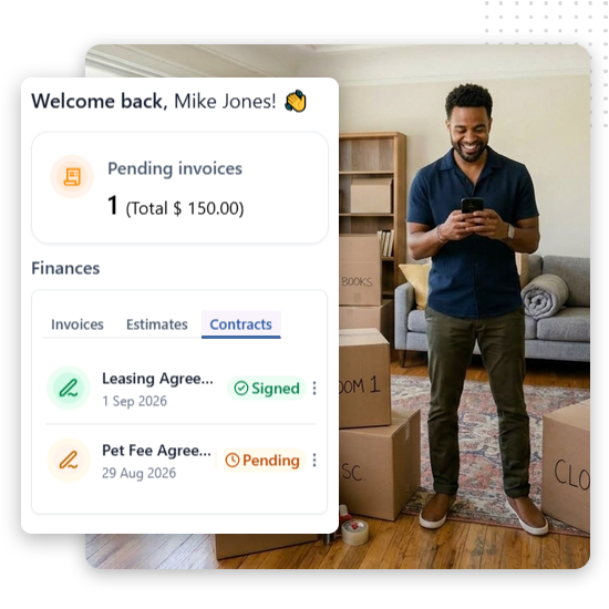 real-estate-client-portal-feat-img A smiling man stands by moving boxes, looking at his phone. A digital dashboard shows pending invoices, leasing and pet fee agreements, and contract statuses—an innovative approach to real estate marketing strategies that keeps every detail organized for success.