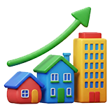 Colorful cartoon houses and a building with a green upward arrow above them, symbolizing growth or rising property values—an ideal representation for effective real estate marketing strategies.