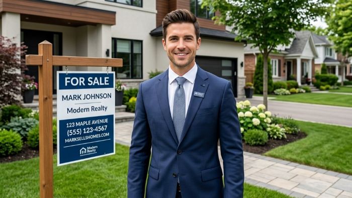 A smiling real estate agent in a suit stands in front of a house with a For Sale sign displaying agent details and contact information on a well-kept suburban street.