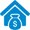 Blue icon of a house with a large money bag featuring a dollar sign placed in front, symbolizing home finances, mortgage, or effective Real Estate Marketing Strategies.