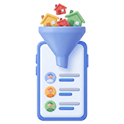 A smartphone screen with a blue funnel above it, filtering small colorful houses into the phone—visually representing Real Estate Lead Generation. The screen displays a list with checkmarks and house icons, highlighting effective Real Estate Marketing Strategies in action.