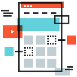 Abstract illustration of a mobile app interface with an outlined smartphone, grid layout, and colorful blocks in red, blue, and black—perfect for showcasing reputation management tools or interactive reputation boosters.