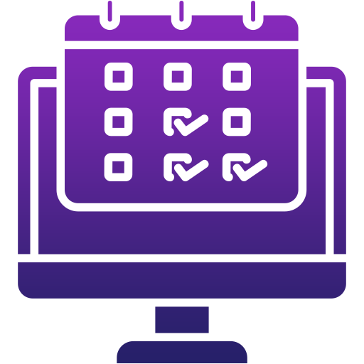 A purple gradient icon of a computer monitor displaying a calendar with check marks on some dates, representing scheduling or task management in client portal software.