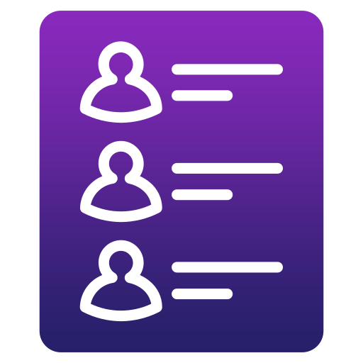 A purple gradient icon showing three outlined user profiles, each with two horizontal lines beside them, representing a contact list—ideal for visualizing process automation or business operations management.