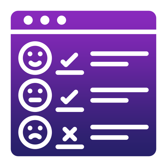 A purple gradient icon shows a browser window with three faces—happy, neutral, and sad—representing client portal feedback. The happy and neutral faces have check marks, while the sad face has an X mark beside it.