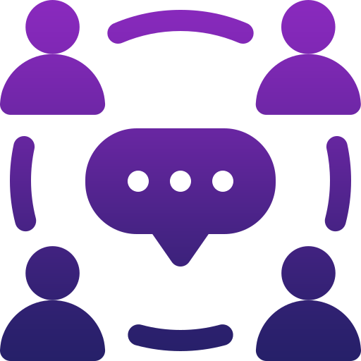 Four purple silhouettes surround a central chat bubble with three dots, connected by curved lines—symbolizing communication or group discussion, essential for effective business operations management.