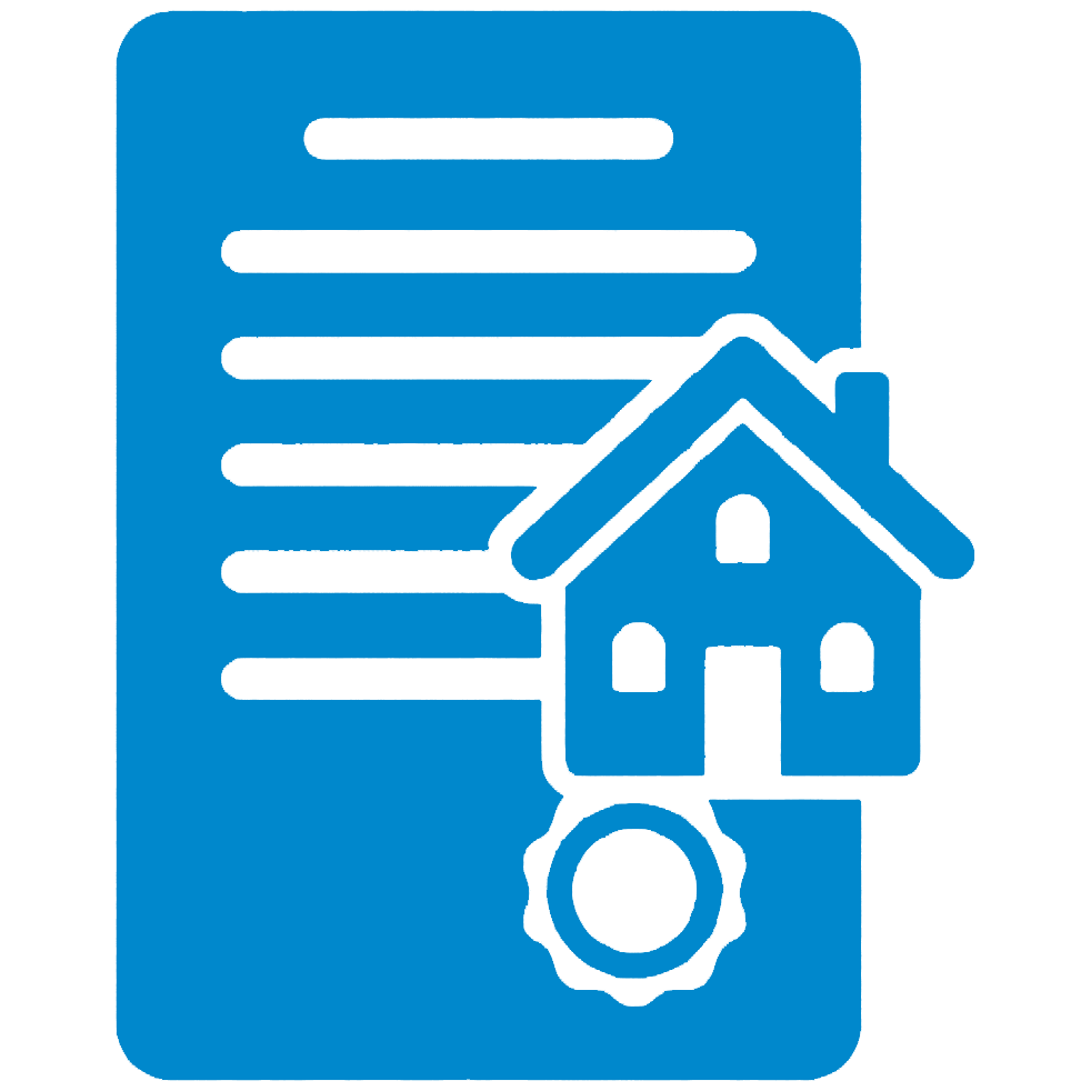 Blue icon of a document with lines of text and a small house with a seal in front, representing real estate or property ownership paperwork—ideal for illustrating Real Estate Marketing materials or highlighting effective Real Estate Lead Generation strategies.