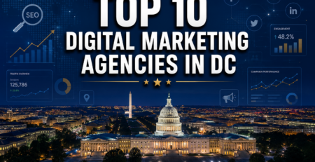 Nighttime view of the U.S. Capitol in Washington, D.C. with text overlay: “Top 10 Digital Marketing Agencies in DC.” Illustrated marketing icons and graphs surround the title, highlighting DC’s leading digital marketing agencies.