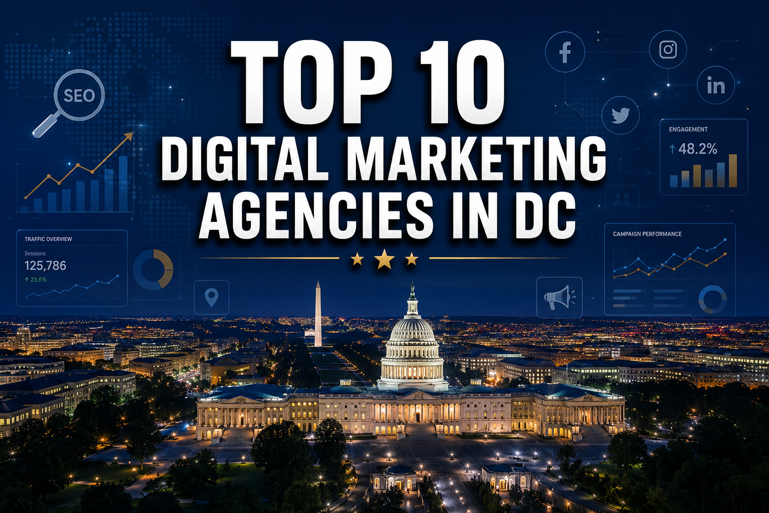 Nighttime view of the U.S. Capitol in Washington, D.C. with text overlay: “Top 10 Digital Marketing Agencies in DC.” Illustrated marketing icons and graphs surround the title, highlighting DC’s leading digital marketing agencies.