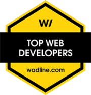 Yellow hexagonal badge with a black band across the center, perfect for an Award Slider. Text on the band reads “TOP WEB DEVELOPERS.” The top features a stylized “W/,” while the bottom displays the website “wadline.com.”.
