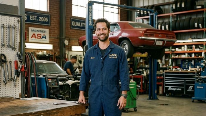 A smiling mechanic in blue coveralls stands in an auto repair shop, with tools on the wall and cars being worked on in the background.