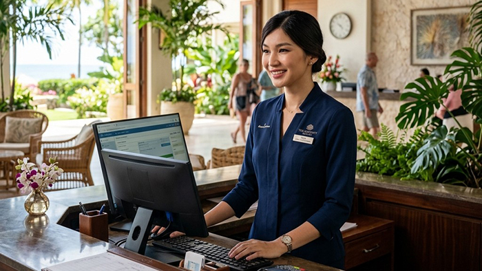 A hotel receptionist smiles at the front desk, wearing a navy uniform. Behind her are tropical plants, people walking, and large windows showing a sunny outdoor area. A computer and flowers sit on the desk.