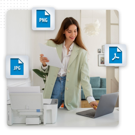 A woman stands at a desk using a laptop and holding papers, next to a printer. Icons for PNG, JPG, and PDF files appear around her, suggesting document management—ideal for a professional logo designers or a brand logo project.