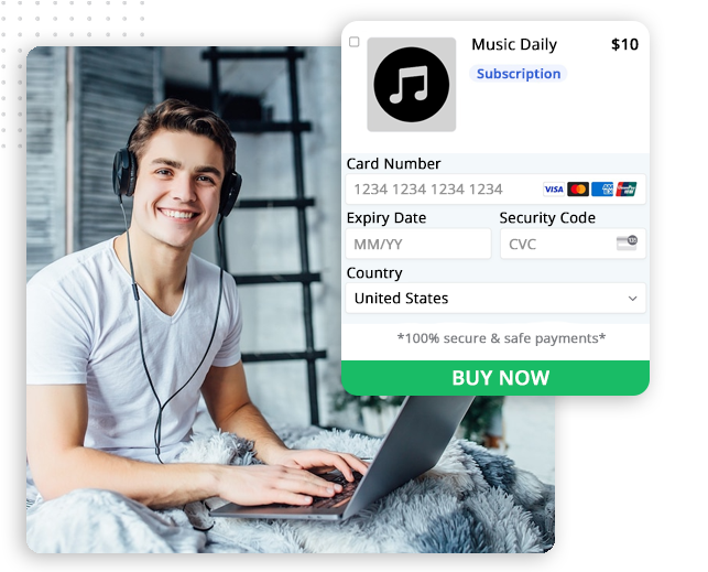 A smiling person wearing headphones uses a laptop while sitting on a bed. An online payment form for a $10 music subscription appears, alongside an ad for the best CRM software, showing card details fields, country selection, and a green BUY NOW button.