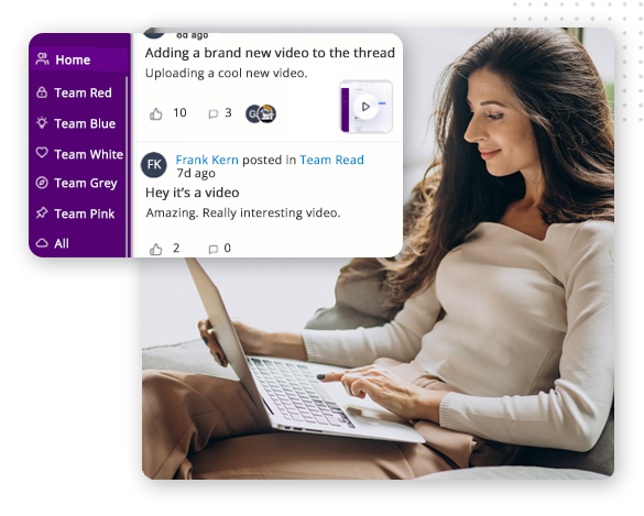 A woman with long brown hair sits on a couch using a laptop. Next to her, a digital interface—part of a top crm platform—shows a chat with team channels, posts about a new video, and options for liking and commenting.