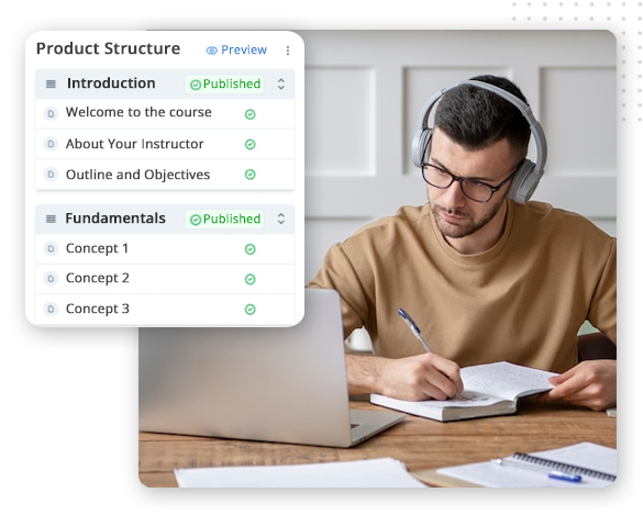 A man wearing headphones sits at a desk, writing in a notebook while looking at a laptop. A digital course outline titled Product Structure is visible on the screen, featuring fundamentals of using CRM Software for Small Businesses.