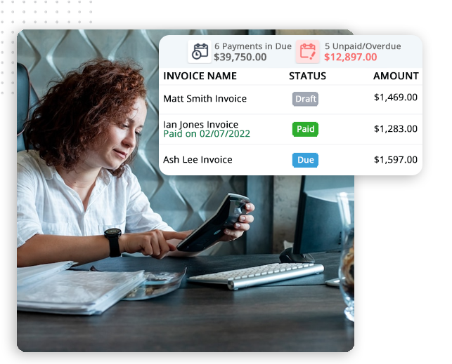 A woman with curly hair sits at a desk using a calculator. An overlay shows invoice details with payment statuses—draft, paid, due, and total amounts—highlighting overdue payments in red from her CRM platform.