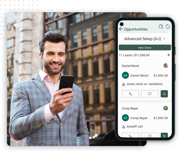 A smiling man in a gray checked suit uses his smartphone outdoors, while a large phone screen overlay displays a CRM platform featuring opportunities, client names, and scheduled calls.