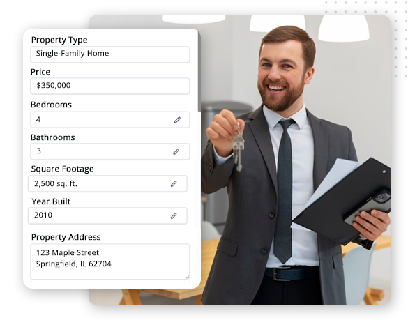 A smiling man in a suit, representing an automation company, holds out a key and a clipboard beside a property listing: single-family home, $350,000, 4 bedrooms, 3 bathrooms, 2,500 sq. ft., built in 2010, 123 Maple Street, Springfield, IL.