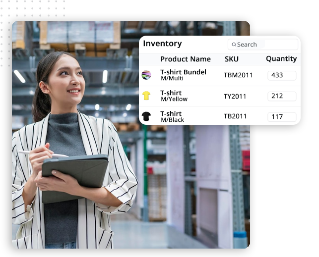 A smiling woman holding a tablet and pen stands in a warehouse. An inventory list overlay shows T-shirt bundle (433), yellow T-shirt (212), and black T-shirt (117) with their SKUs, all efficiently managed using a CRM platform.
