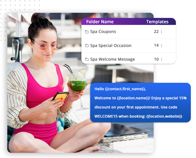 A woman in a pink swimsuit sits outdoors drinking a green beverage and using her phone. Overlaying text displays spa offer templates and a message for a 15% discount on first appointments—perfect for salons using CRM Software for Small Businesses.