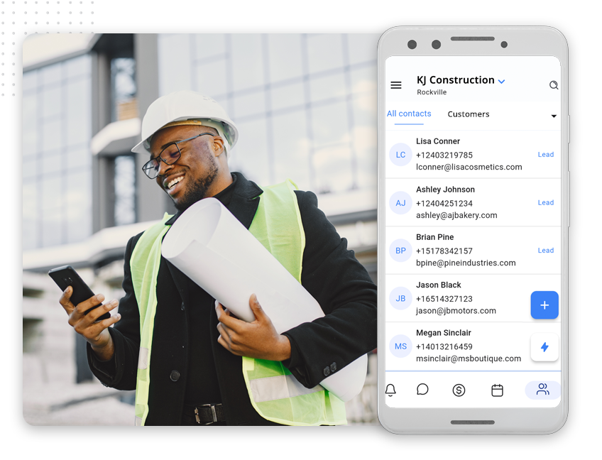 A smiling construction worker in a hard hat and safety vest holds blueprints and checks his phone; next to him, a phone screen displays a construction contacts app with details about Web Design Packages and Custom Web Design Pricing.