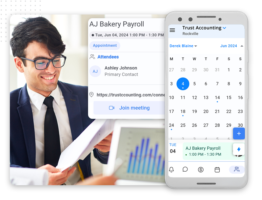 A smiling man in a suit reviews papers with a bar graph, while overlaid screenshots show a digital calendar, a payroll meeting invite, event details on a smartphone, and insights into custom web design pricing.