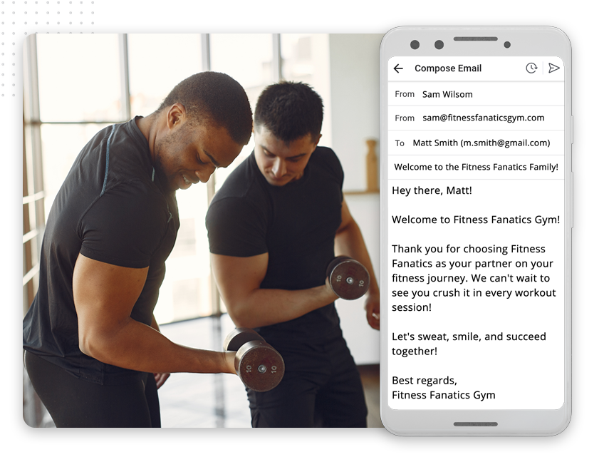 Two men lift dumbbells and smile in a gym. Beside them, an email on a smartphone welcomes Matt to Fitness Fanatics Gym and expresses excitement for his fitness journey, while also mentioning exclusive Web Design Plans for new members.