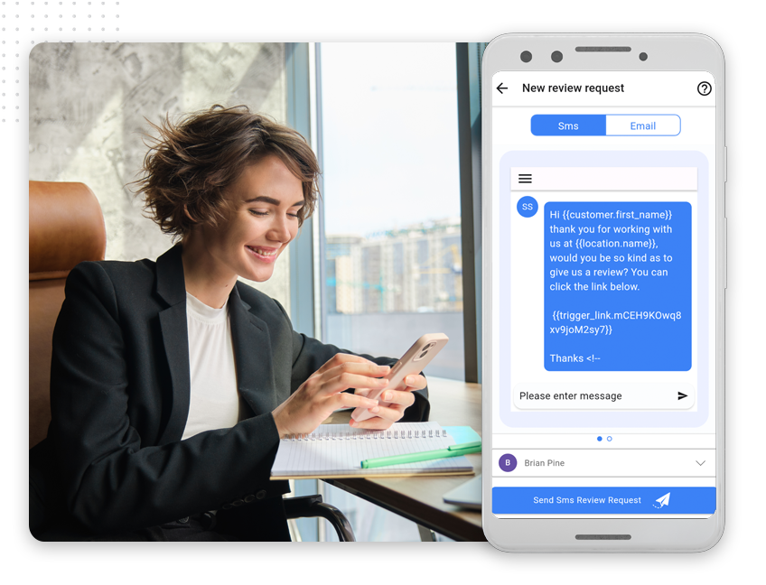 A smiling woman sits at a desk with a notebook, typing on her phone. On the right, a phone screen displays a review request message template—perfect for sharing feedback about your experience with our Web Design Company.