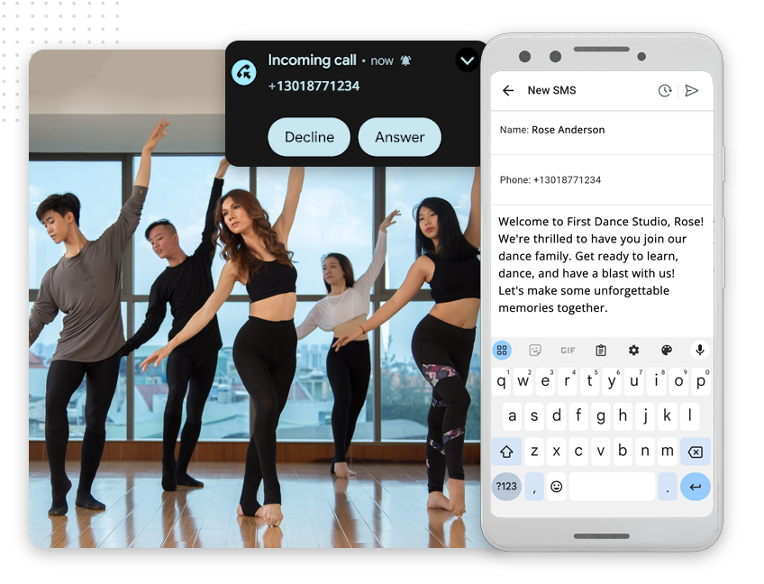 A group of people practice dance in a studio with large windows. Overlaid are a phone screen showing an incoming call and a text message welcoming someone to First Dance Studio, alongside details about their Web Design Packages.