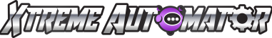 Bold, stylized text reading XTREME AUTOMATOR with a metallic gradient, perfect for any digital marketing campaign, featuring a purple robotic head with antennae and three dots inside the letter O.