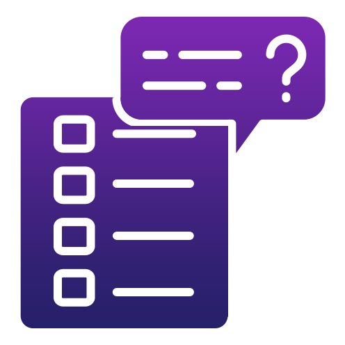 An icon showing a checklist with four items next to a speech bubble containing lines of text and a large question mark, all in shades of purple, representing business automation and streamlined service management.